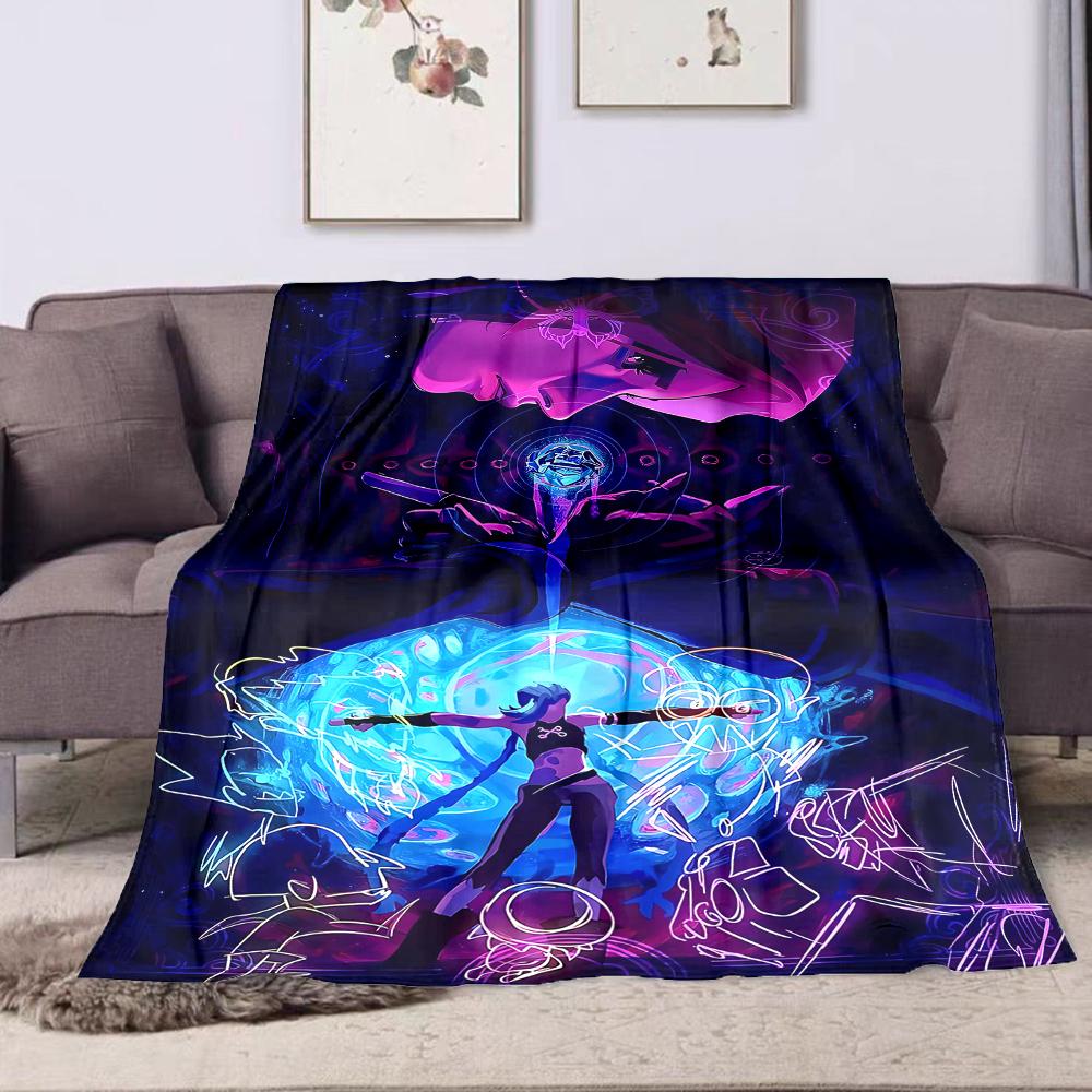 Soft Fleece Blanket Arcane Jinx Game Art Neon Purple Blue Girl Braids Butterfly Glowing Magic Circle Dark Fantasy Illustration Gift