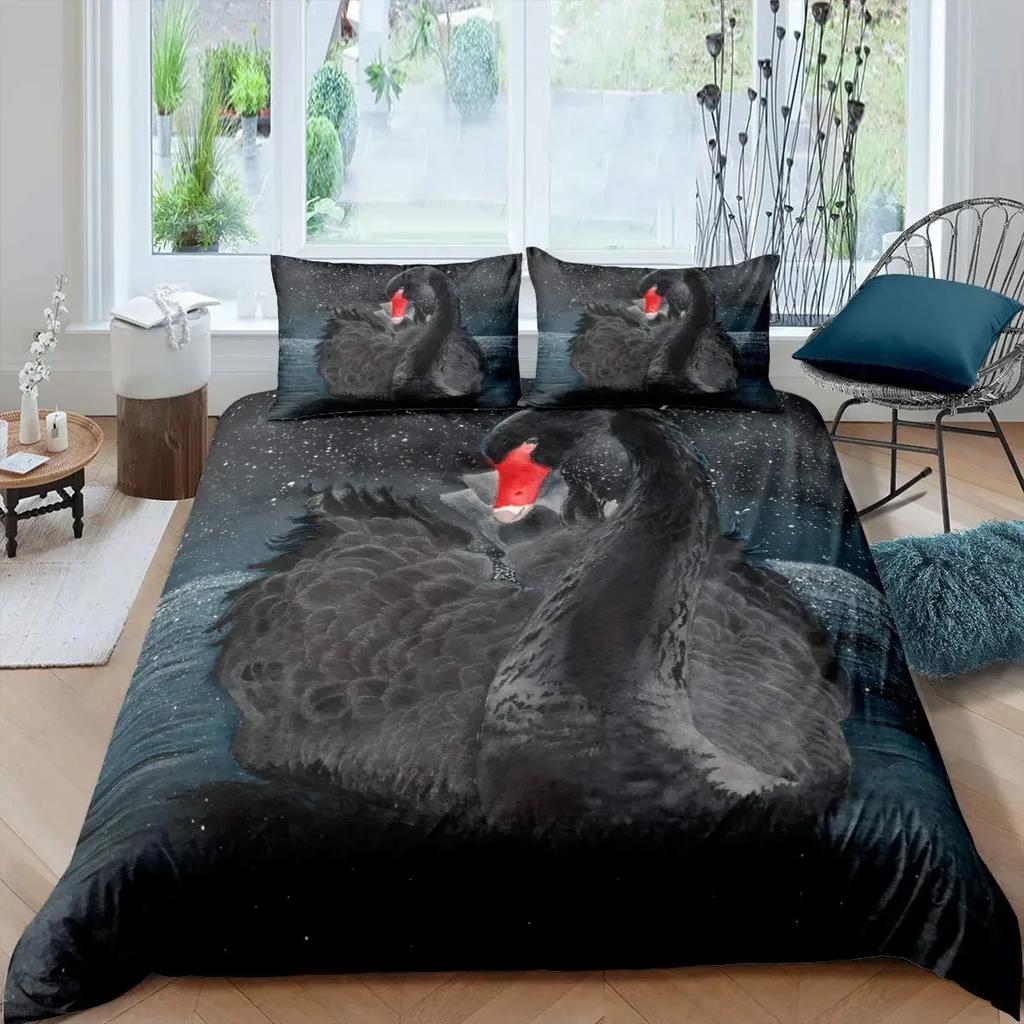 Swan Black And White Swan Comfortable Duvet Quilt Cover Pillowcase Bedding Set Children Bedroom Decoration Home Textile