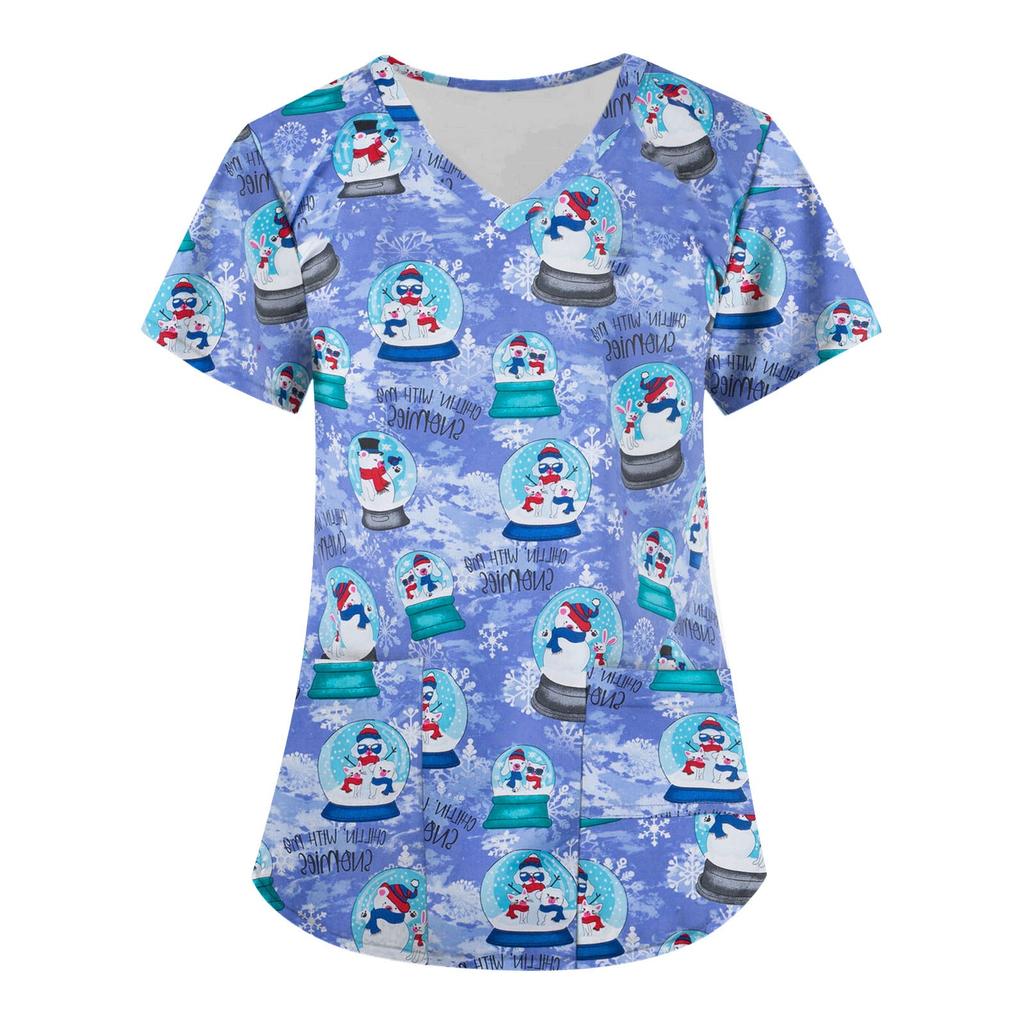 Женские топы с коротким рукавом и v-образным вырезом, рождественские топы с мультяшным рисунком, рабочие футболки с карманами, непозиционирующийся принт