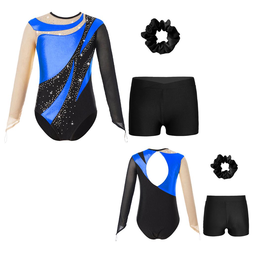 Kids Girls Metallic Long Sleeve Gymnastics Leotard with Shorts Hair Scrunchie Dance Unitard Biketards Dancewear