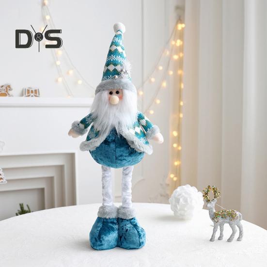 Christmas Doll Ornament Plush Standing Santa Claus Reindeer Snowman Figure with Telescope Leg Blue Gnome Doll Toy for Tree Fireplace Window Table