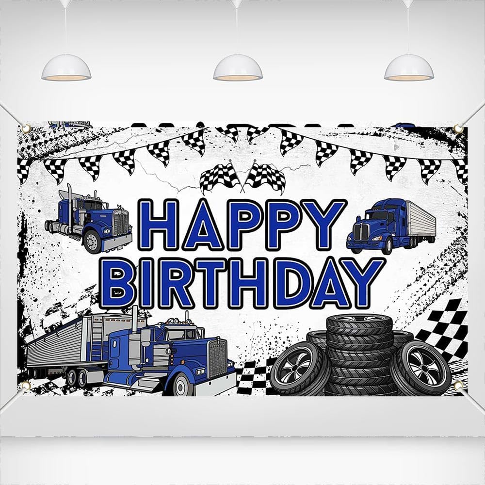 Truck Theme Birthday Banner, 70.8x43.3 Inch, Blue Happy Birthday Party Decoration, Polyester Material, Realistic Truck Design