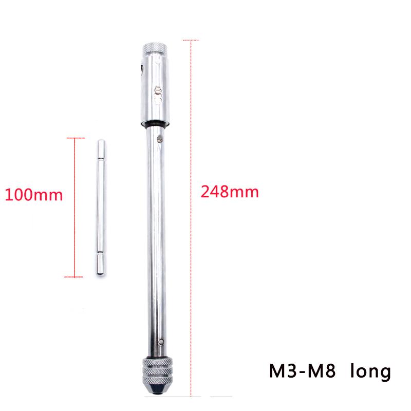 Adjustable M3-8 M5-12 Silver T-Handle Ratchet Tap Holder Wrench Set with 5pc M3-M8 Machine Screw Thread Metric Plug T-shaped Tap