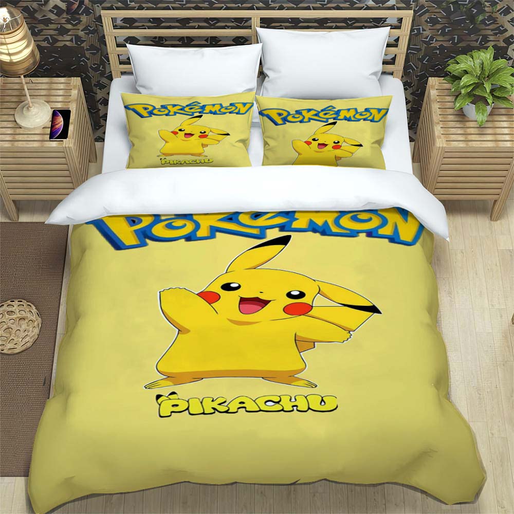 Classic Pikachu Print 3-Piece Bedding Set — Includes 1 Duvet Cover & 2 Pillowcases | Suitable for Adults & Children | A Warm Gif