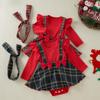 Baby Girls 0-2 Years Infant Long Sleeve Red Romper Plaid Skirt Headband Clothing