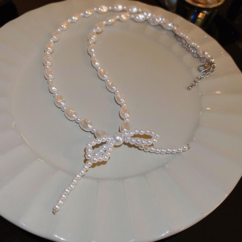 Модное ожерелье-подвеска с бантом, ручной работы, чокер из неправильного жемчуга, цепочка на шею с бантом, цепочка на ключицу для женщин и девушек