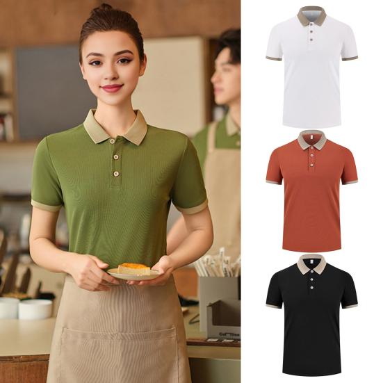 Unisex Waiter Waiteress Uniform Button Lapel Solid Color Short Sleeves Breathable Soft Coffee House Hotel Dinner Food Serving Top