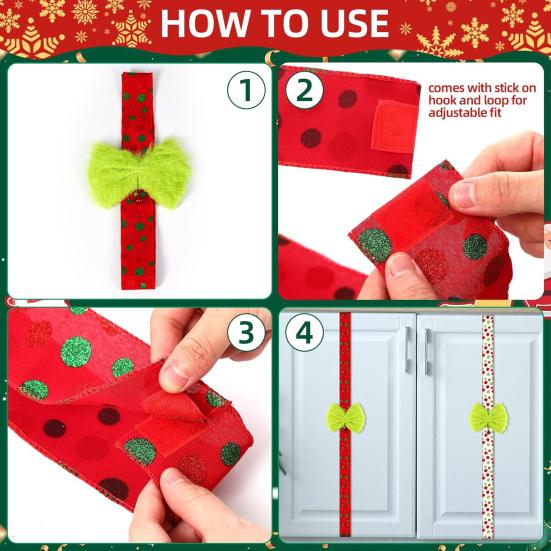 Зеленые рождественские банты для дверцы шкафа с колокольчиком, плюшевые, из искусственного меха, пушистые банты с точечной/полосатой лентой для рождественского венка, двери, окна