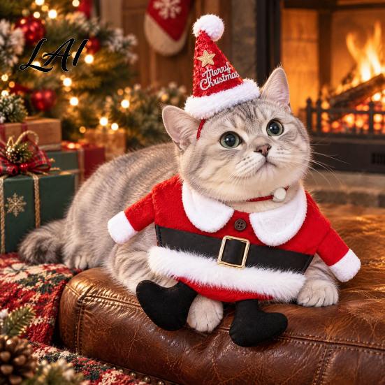 Funny Pet Christmas Costume Santa Set Dog Cat Outfit Festive Neck Collar Winter Warm Coat with Matching Hat Holiday Photo Prop for Small