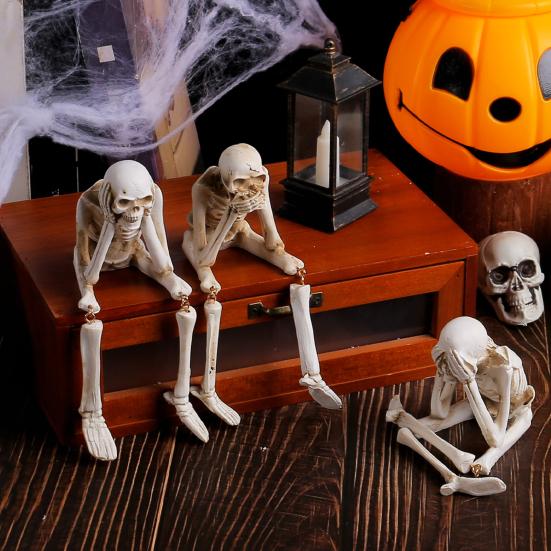 Halloween Skeleton Statue Resin See Speak Hear No Evil Skeleton Figurine with Dangling Legs for Indoor Mantel Table Shelf Decor