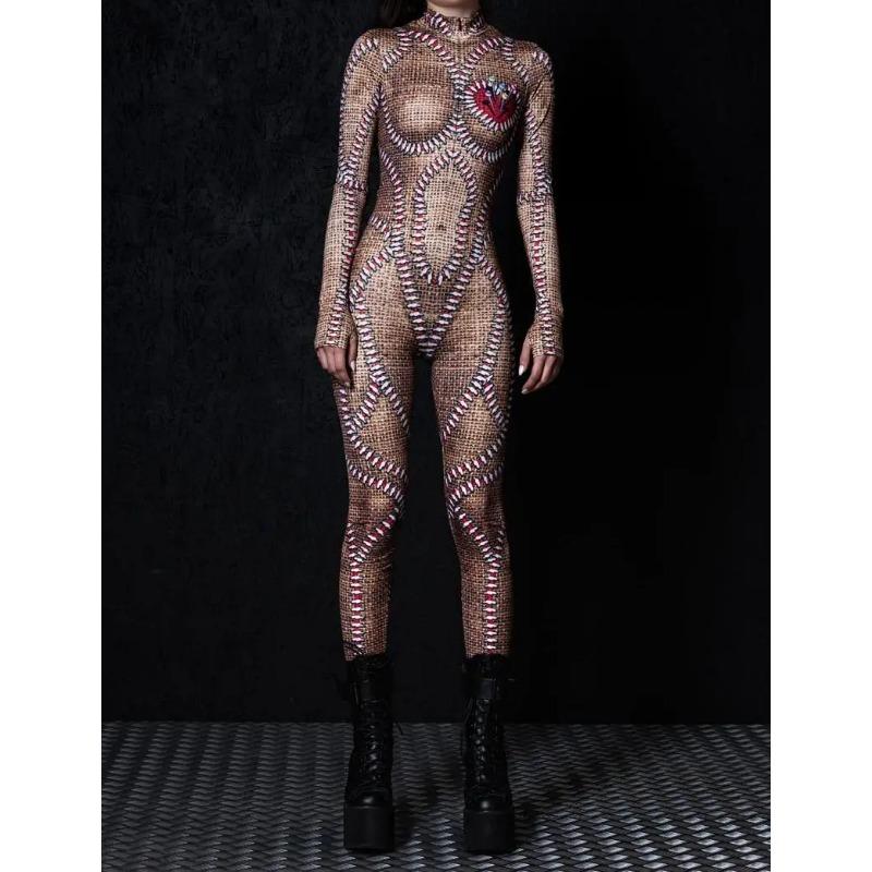 Женский Хэллоуин Комбинезон с длинным рукавом с цифровым принтом, облегающий боди, костюм для косплея