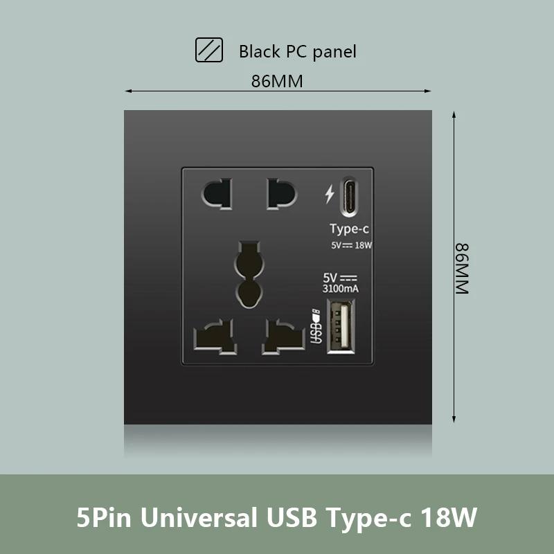 Черная настенная розетка UK 13A с USB Type C 18 Вт для быстрой зарядки, универсальная настенная розетка 220 В, электрический выключатель света