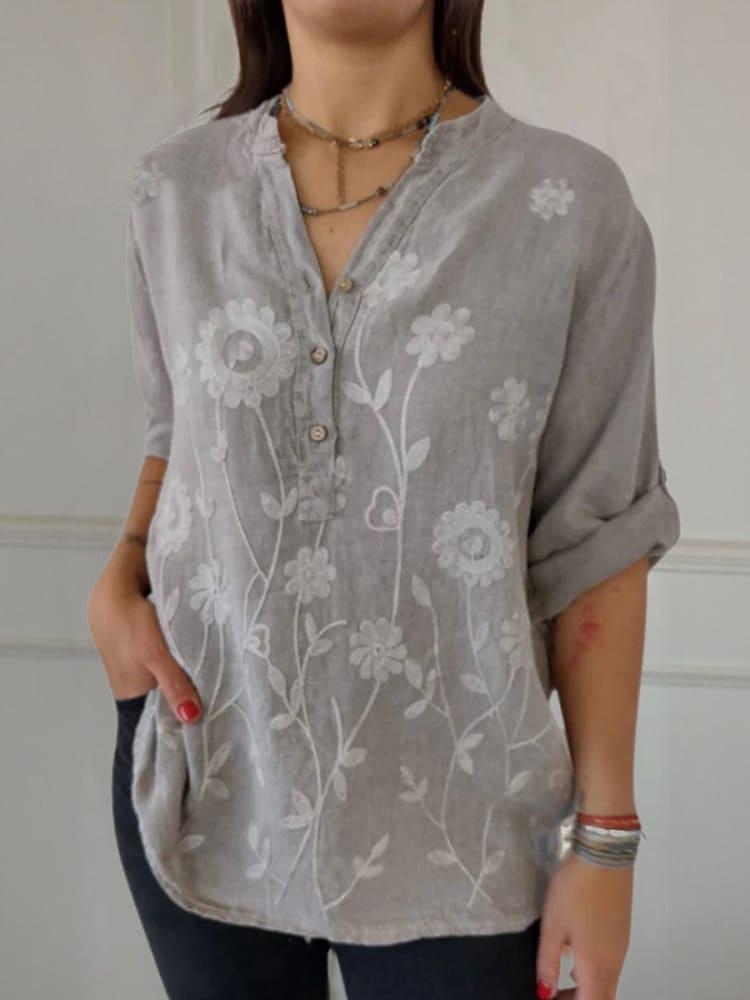 2025 Spring/Summer Women's Lace Embroidery Button V-Neck Shirt