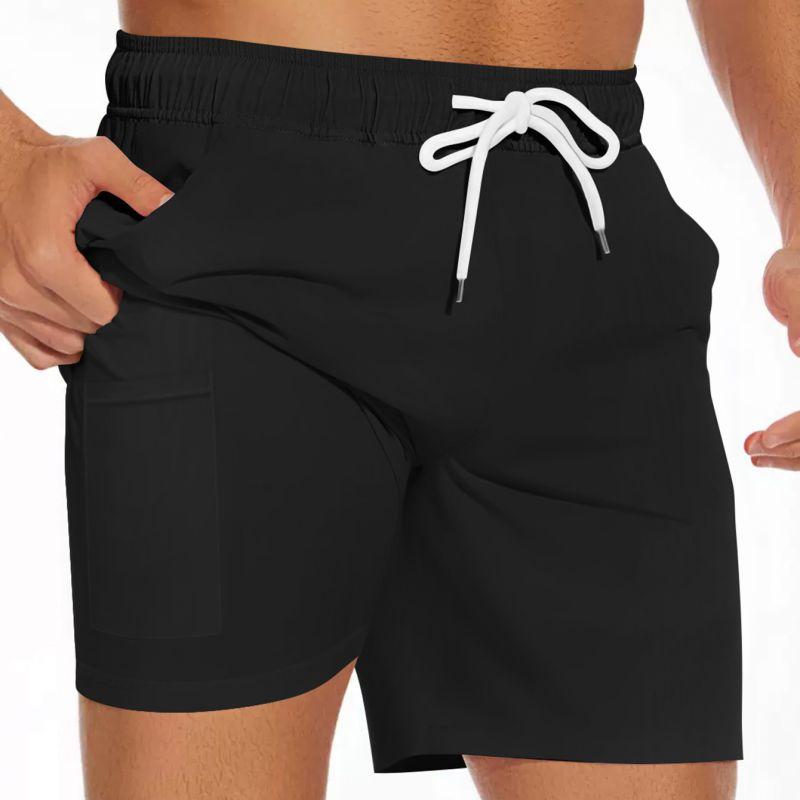 Men's Summer Double-layered Shorts Drawstring Swim Trunks Beach Printed Swim Pants with Pocket