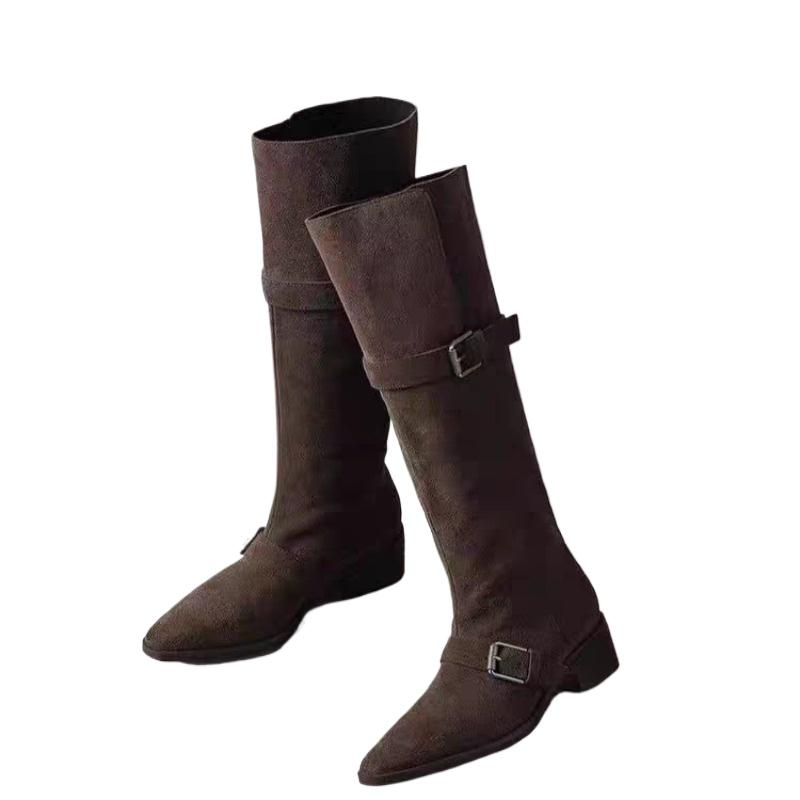 Мода Новый Стиль Мода Женские Высокий Каблук Западный Ковбой Сапоги до Колена Замша Женские Острый Носок Теплые Кнопки Длинный Сапог Zapatos Mujer