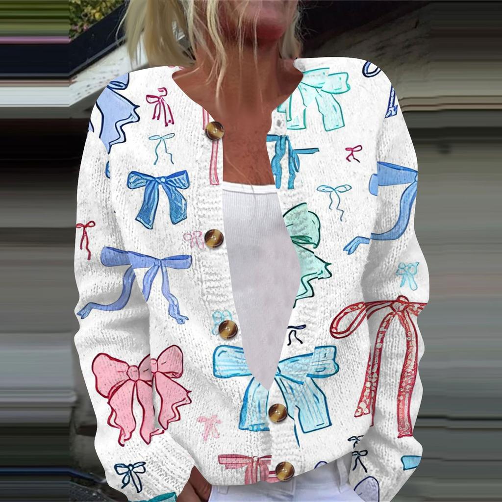 Женская мода с принтом банта, длинный рукав, вязаный кардиган, куртка на пуговицах