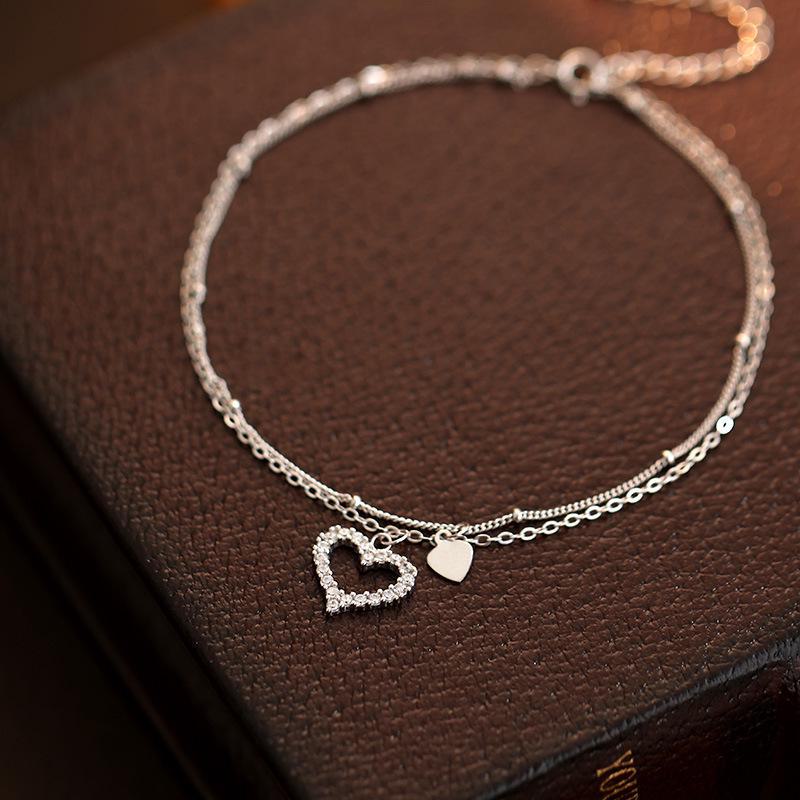 Banyan Tree S925 Silver Double Heart Anklet with Micro Diamonds - Fashion Trendy Peach Heart Anklet for Women, Spring & Summer Accessories.