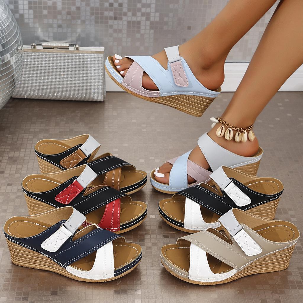 Ladies' Comfortable Color Blocked Sandals, Casual Buckle Open Toe Flat High Heels, Solid Color, Suitable for Summer Outdoor Shoes