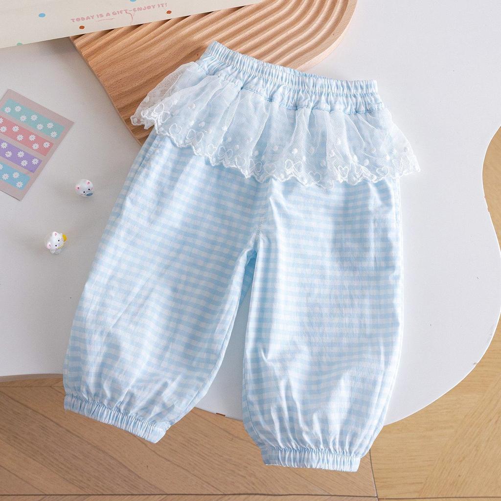 Girls Cute Cat Short Sleeve Set Summer Thin Lace Trim Mosquito Pants Two Piece Outfit For Kids