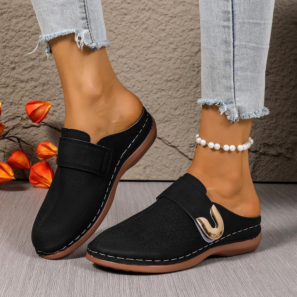Large Size Bag Head Flat Bottom Casual Half Slippers Women's New Solid Color Wedge Metal Buckle Beach Slippers