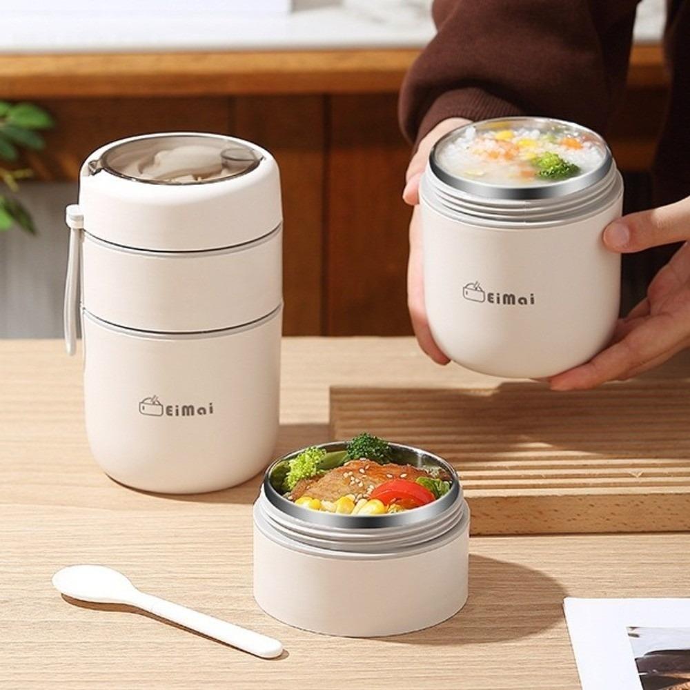 Stainless Steel Double Layers Lunch Box with Spoon Insulated Food Container Camping