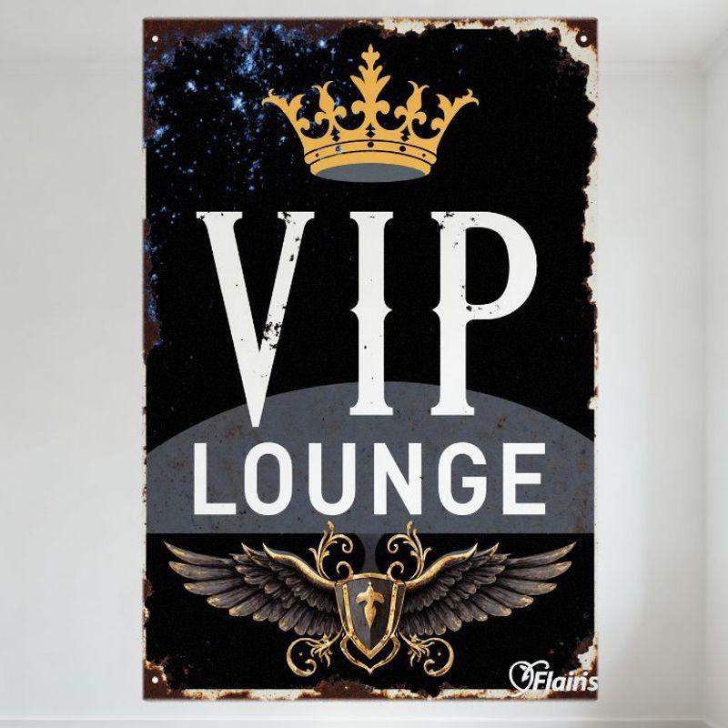 Vintage VIP Lounge Metal Tin Sign with Crown Wings Shield Design - Rustic Wall Decor for High-end Club Bar Home Man Cave Restaur
