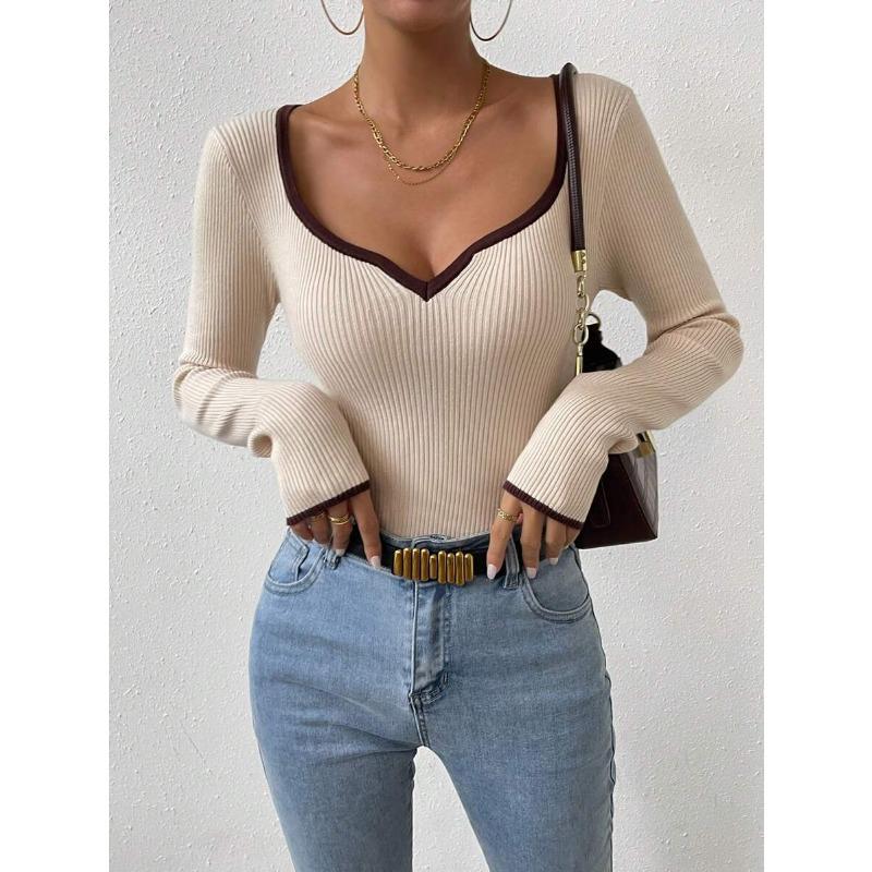 Женский свитер с V-образным вырезом и полосатым низом, сексуальный, однотонный