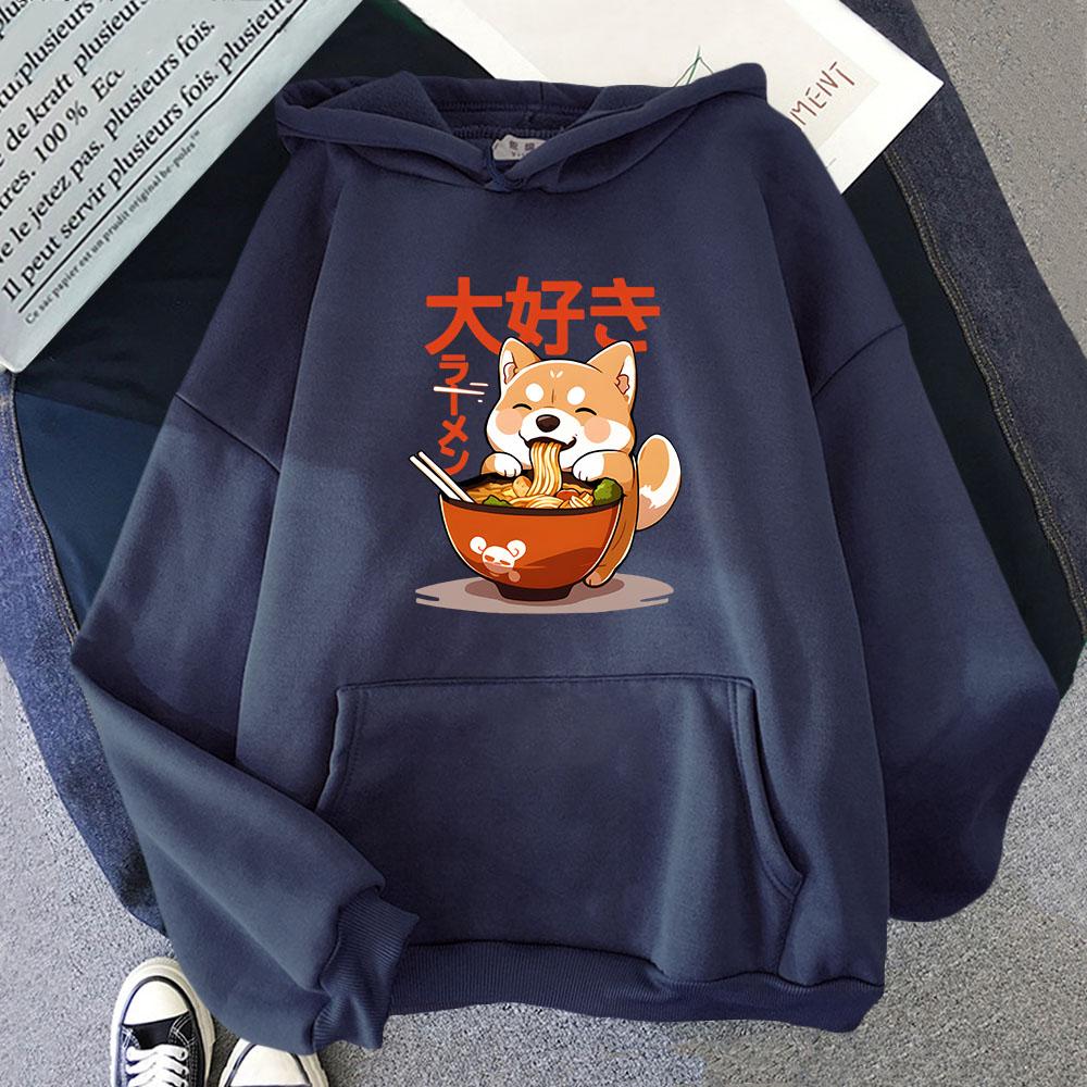 Толстовка с капюшоном Shiba Inu Slurping Ramen Noodles Cartoon Kawaii Cat Graphic Sweatshirt Cool Anime Pullover Women Men Clothing