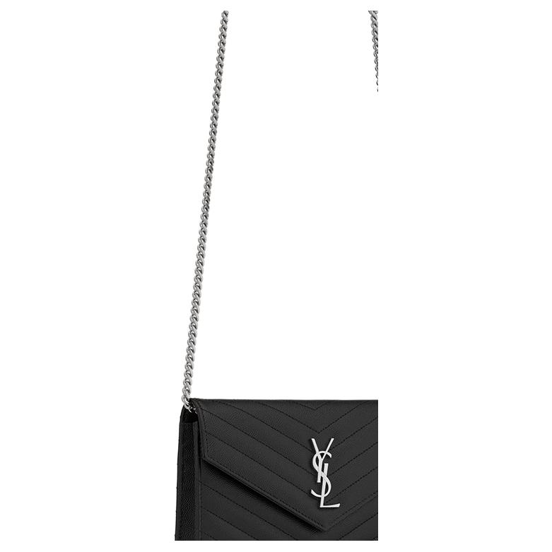 Saint Laurent Ysl Конверт Серебряный Логотип Стеганая Текстурированная тисненая кожаная Сумка-конверт на цепочке Сумка через плечо Женские сумки Черный 393953BOW021000