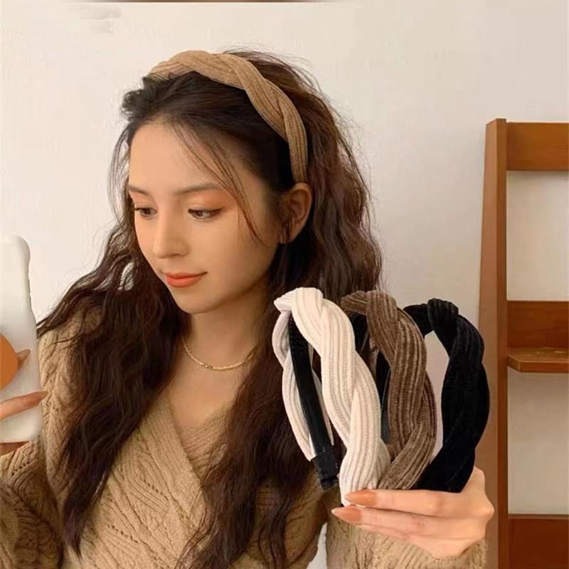 New Simple Wide Side Edge Fabric Hair Band Women Fashion Korean Retro Braided Headband Solid Knot Hoop Girls Hair Accessories