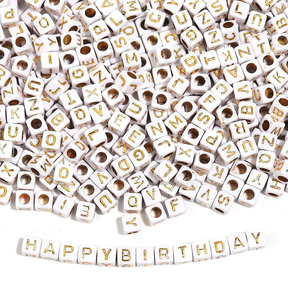 100pcs/lot 4.5 6mm Gold Letter Acrylic Square Beads Large Hole Loose Alphabet Beads For DIY Craft Bracelet Earrings Accessories