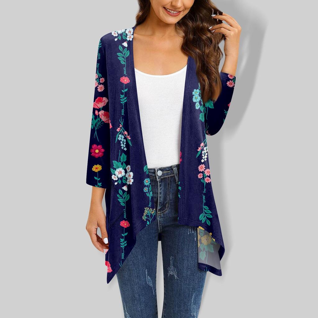 Women's Floral Print Irregular Three-quarter Sleeve Cardigan With Pocket Jacket