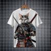 Fashion Japanese Samurai Cat  3D Print Men's Short Sleeve T-shirt Fashion Festival Crew Neck T Shirt Tops Polyester Men Clothing