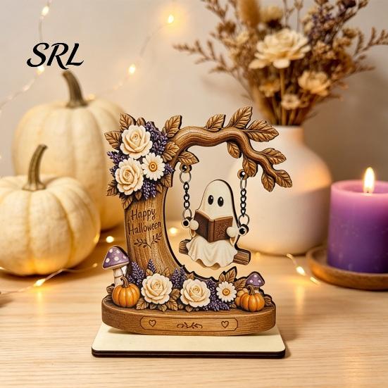 Cute Ghost Figurine for Home Halloween Moon Swing Figurine, Reading on with Floral Spooky Fireplace Mantel Accents Pumpkin Accents, Wooden Bookshelf