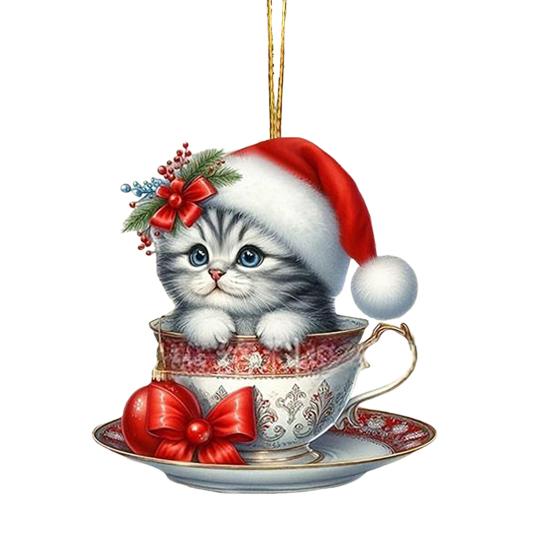 Acrylic Teacup Cat Hanging Ornaments Cute Cartoon Cat Christmas Ornament 2D Flat Car Mirror