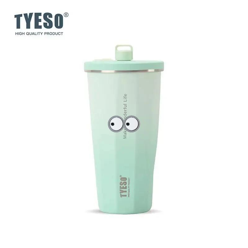 Tyeso 600ML Stainless Steel Coffee Cup With Straw Gradient Color Insulated Water Bottle Car Thermos Mug Cold Drink Vacuum Cup with Eye Sticker