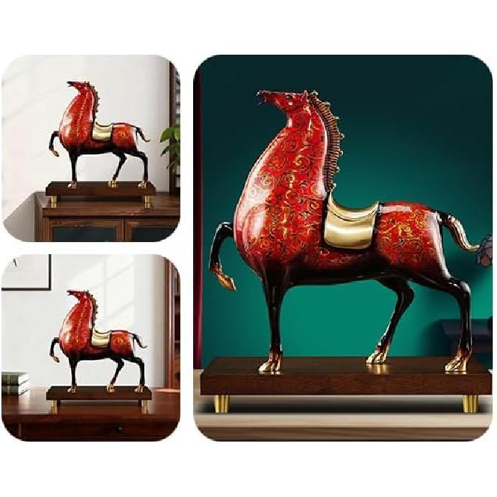 Aris & Juno Copper Hand-Carved Horse Sculpture with Enamel Accents - Feng Shui Career Success Decor for Entryway Bedroom Study