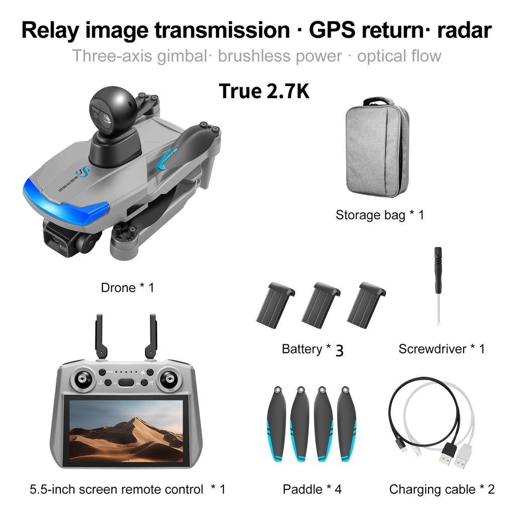 Новый профессиональный дрон S185 GPS Return 5G True 2.7K HD с двумя камерами, пультом дистанционного управления, сенсорным экраном, 3-осевым PTZ-управлением и функцией обхода препятствий