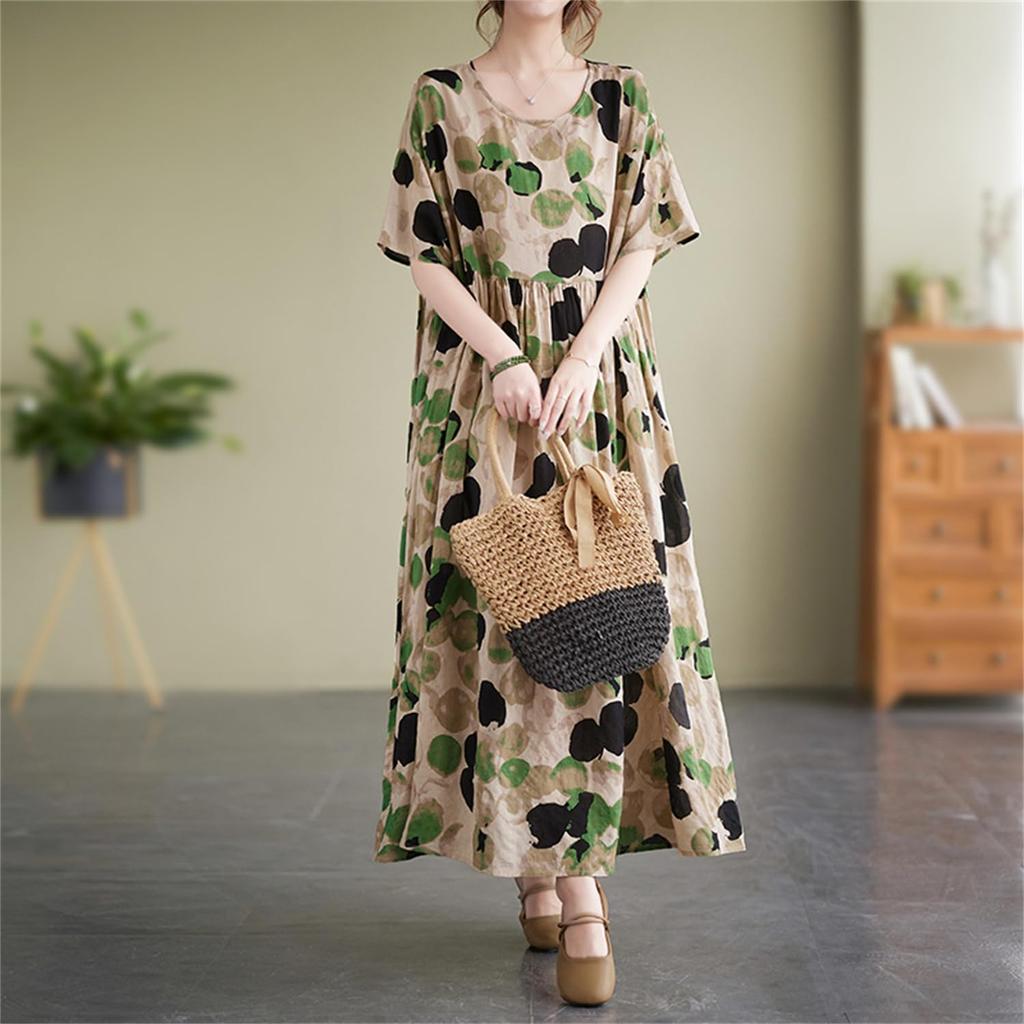 Summer Resort Mori Girl Long Plus Loose Bohemian Floral Perfect for Popular Free Floral Print [kisetsumate] Women's Dress, Cotton-Linen, Style, Dress,