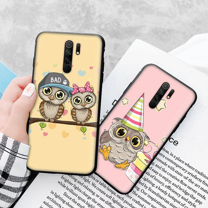 Black Case for Xiaomi Redmi 13C Note 9 iPhone XR 7 8 14 15 11 12 13 X XS Pro Max Samsung A25 S23 S24 FE Ultra Plus Cute Owl