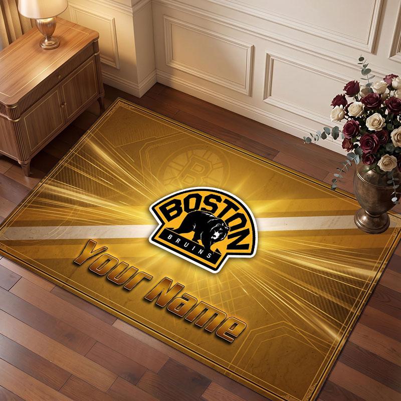 Boston Bruins Personalized Crystal Velvet Carpet, Customized Name Text Soft Anti‑Slip Rug for Living Room Bedroom