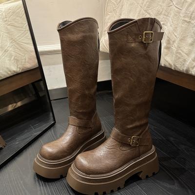 Женские бархатные длинные сапоги-ботфорты на толстой подошве 7 см, новая зимняя коллекция 2025 года, ретро-сапоги до колена, увеличивающие рост для невысоких