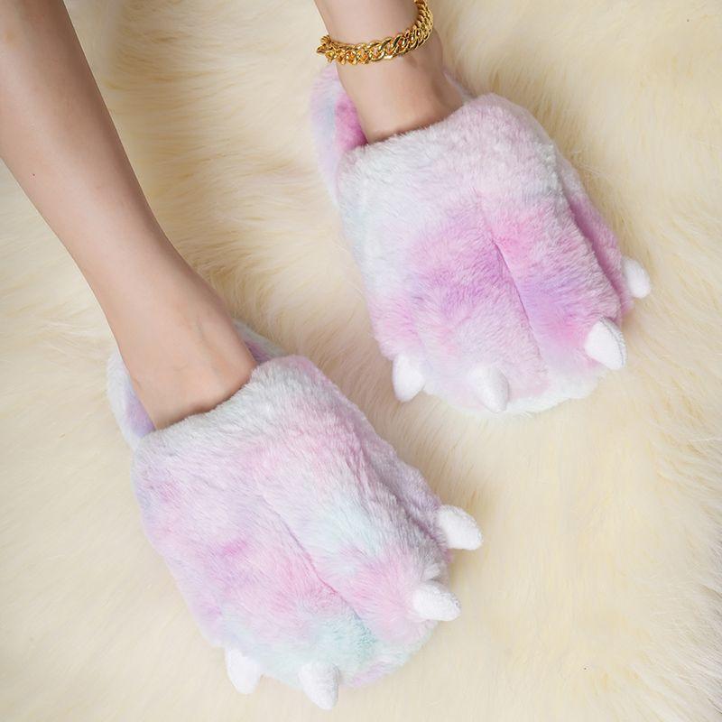 Новые забавные тапочки с изображением лап животных для женщин, цветные меховые шлепанцы, женские домашние пушистые туфли, женские ультралегкие зимние комнатные тапочки