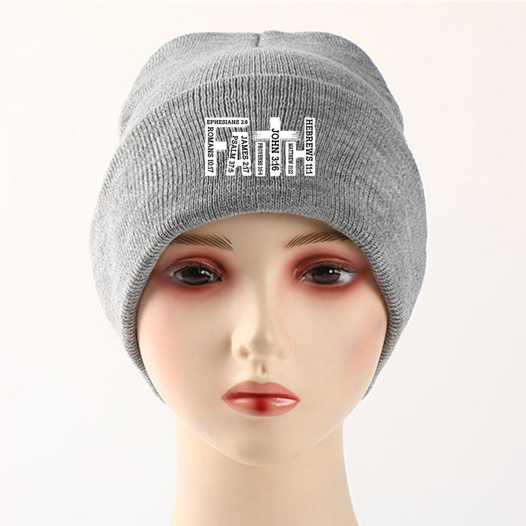 White "FAITH" Cross Winter Knitted Hat Beanie, Woman Cap Cuff Thermal Solid Color Headwear Knit Hat Beanie