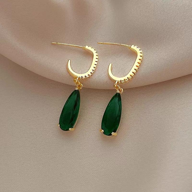 Серьги-подвески Huitan Pear Green CZ для женщин, темпераментные, золотистого цвета, висячие серьги, офисные женские роскошные модные украшения