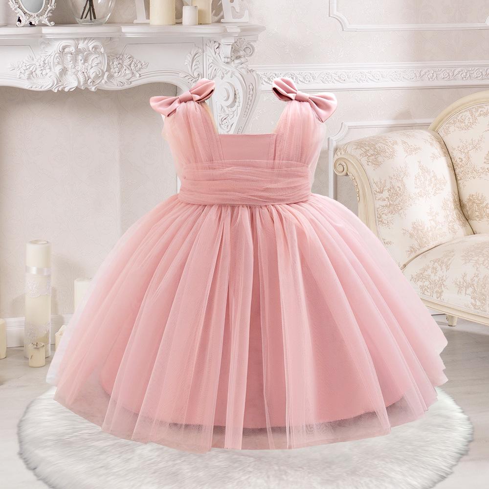New Sleeveless Bow Waist Pleated Tulle Flower Girl Dress