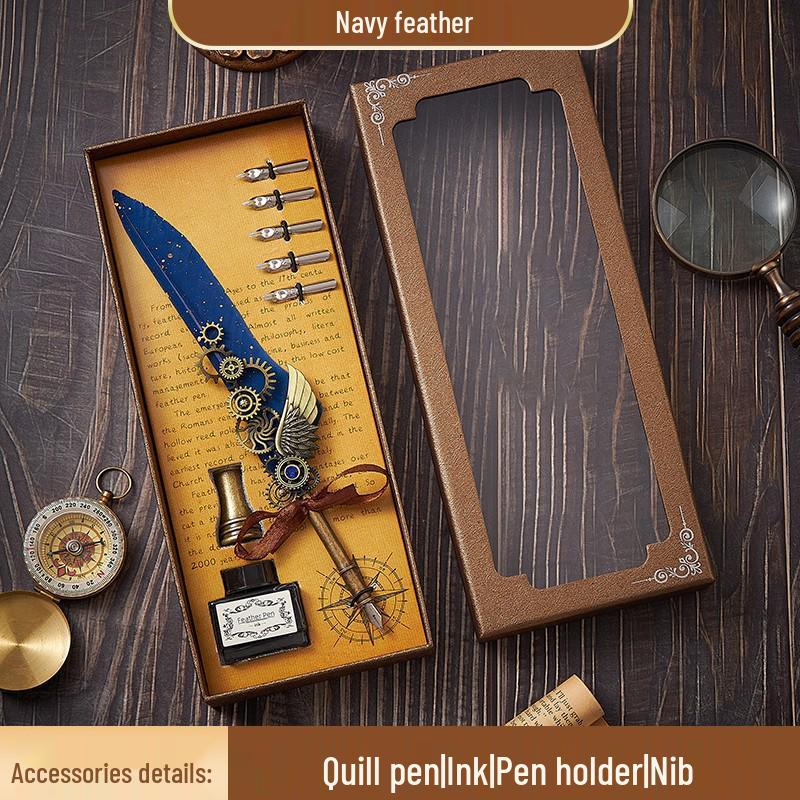 European Steampunk Quill and Ink Set with Wax Seal - Retro Fountain Pen Gift Box for Birthdays