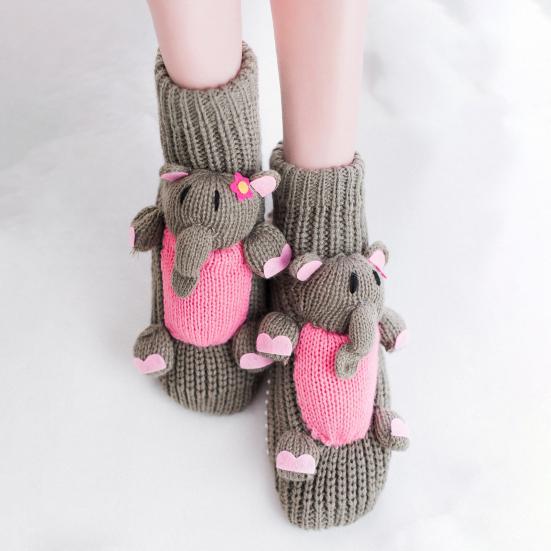 1 Pair Winter Socks 3D Cartoon Animal Socks Knitted Anti-slip Mid-tube Thickened Elastic Keep Warm Floor Socks with Silicone Dot Soles