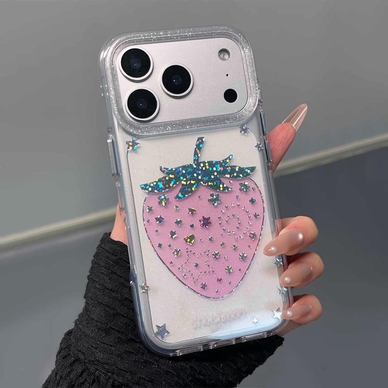 Блестящий Розовый Чехол-Бампер с Клубникой и Звездами для iPhone 13 14 15 16 17 Pro Max, Чехол-Броня