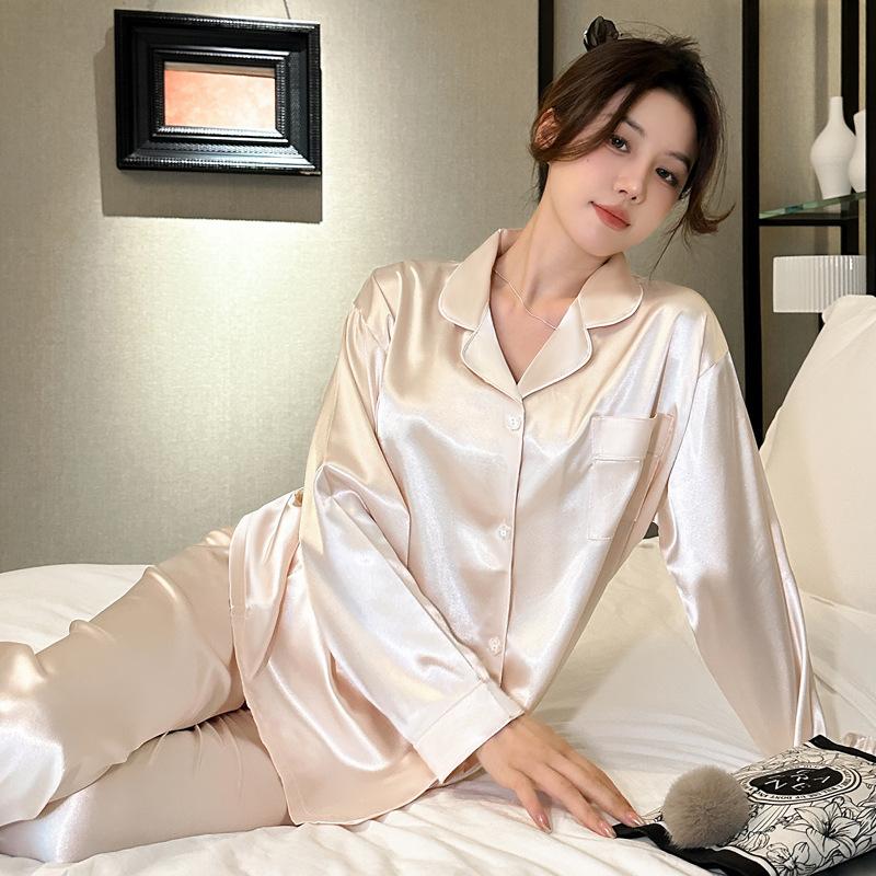 Simple light luxury ice silk spring summer new lapel cardigan pajamas long sleeves trousers loungewear set